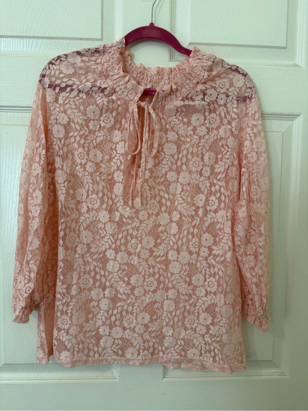 Pink Lace Floral Keyhole Tie Neck Blouse Medium Long Sleeve Sheer Romantic Top
